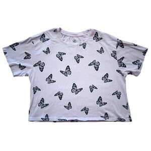 Butterfly Print Cropped Tee Light Purple Short Sleeve Size L